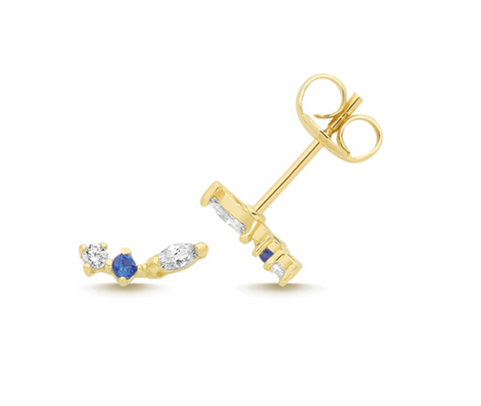 Single 9CT YELLOW GOLD WHITE AND BLUE CZ CLUSTER STUD