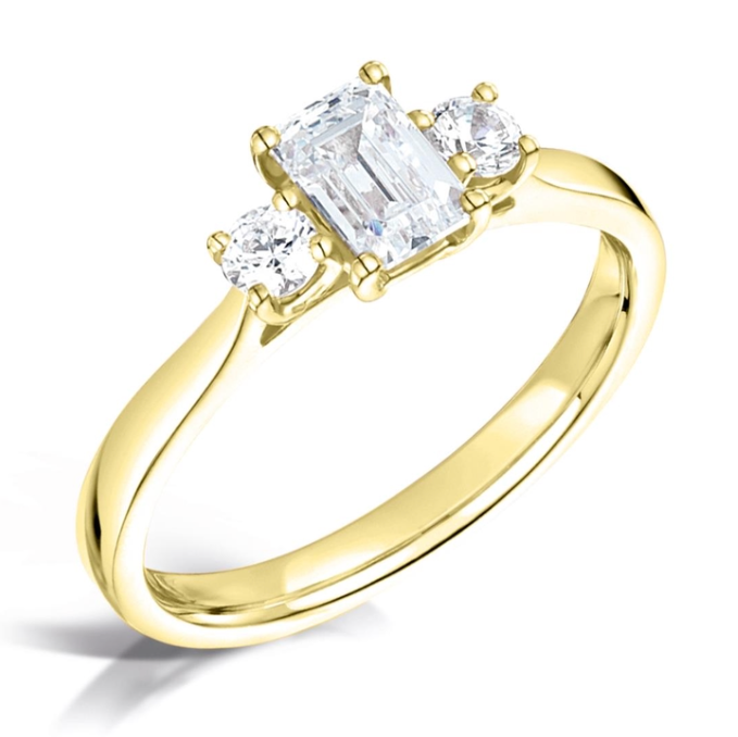 Emerald And Round White Diamond Triology Three Stone Engagement Ring