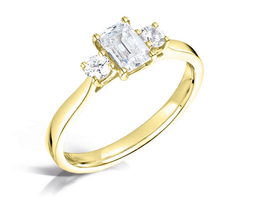 Emerald And Round White Diamond Triology Three Stone Engagement Ring