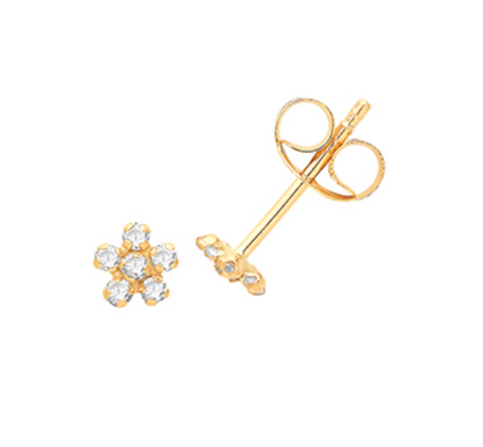 Flower 9ct Yellow Gold Cubic Zirconia Gem Set Stud Earrings