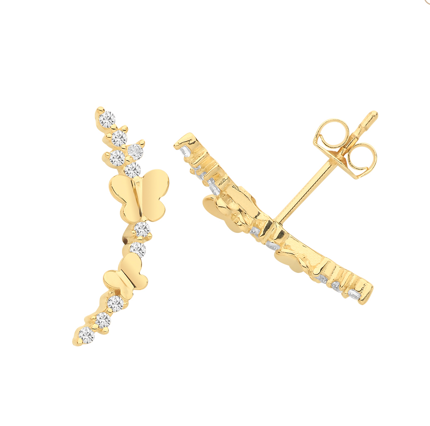 Single 9ct Yellow Gold Butterfly and Leaf Climber Stud Earrings with Cubic Zirconia