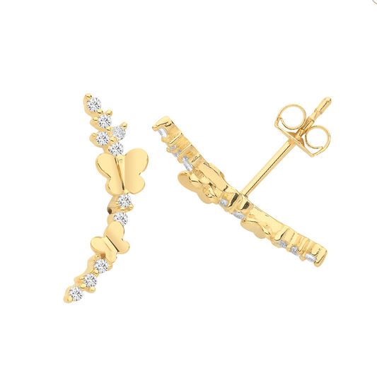 Single 9ct Yellow Gold Butterfly and Leaf Climber Stud Earrings with Cubic Zirconia