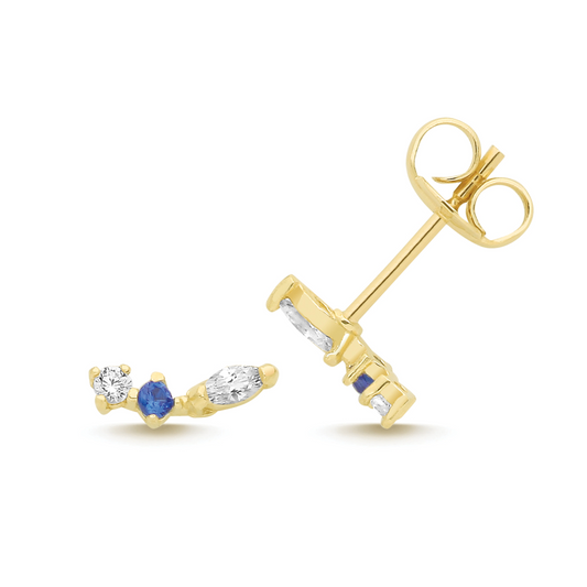 Single 9ct yellow gold white and blue cubic zirconia climber stud