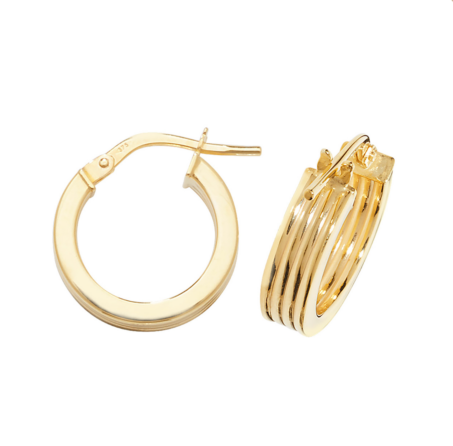 9ct Yellow Gold Tripple Ridge Hoop Earrings