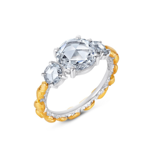 L'or Three Stone Rose Cut Diamond Ring in Platinum and 24ct Yellow Gold