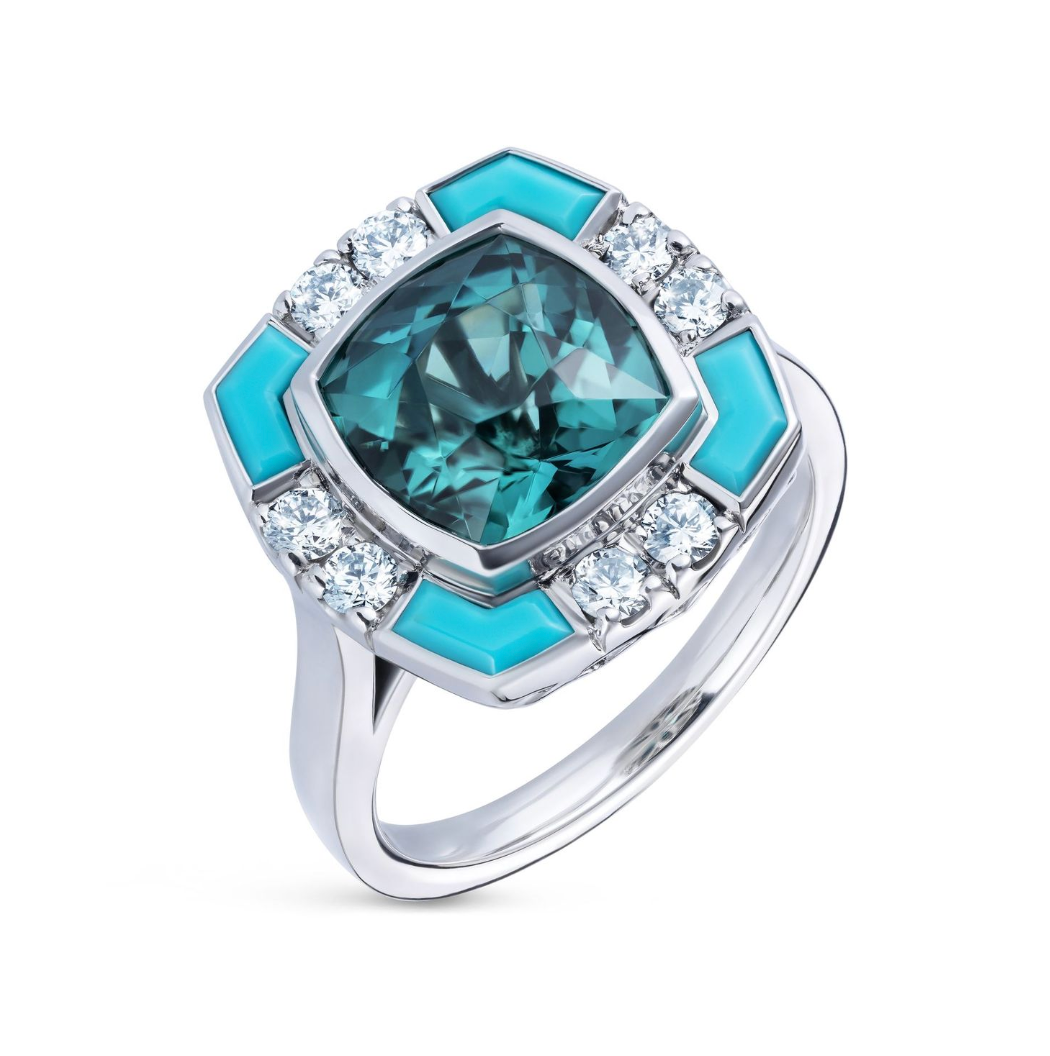 Lagoon Cushion Cut Tourmaline Turquoise Diamond Platinum Ring