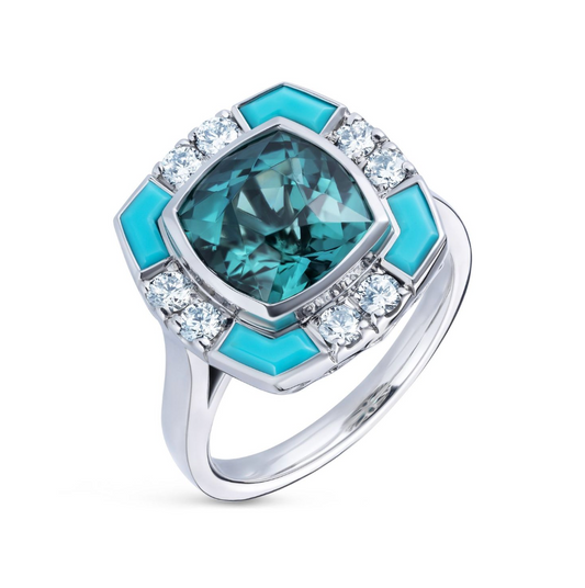 Lagoon Cushion Cut Tourmaline Turquoise Diamond Platinum Ring