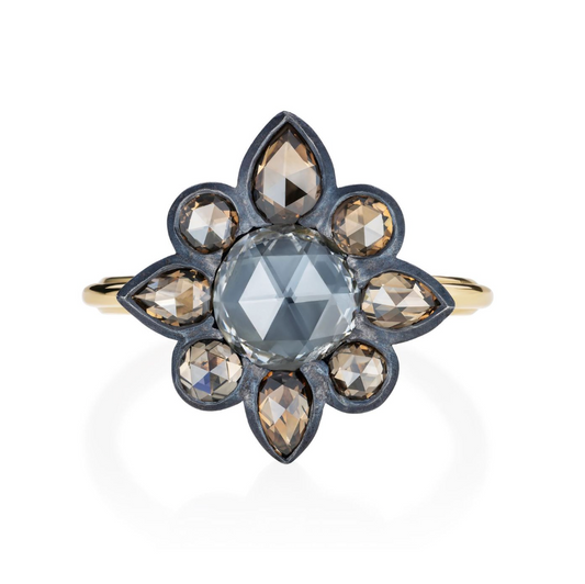 Stellar Rose Cut Champagne Diamond Ring 18k Yellow Gold & Oxidised Silver