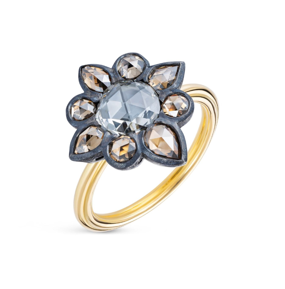 Stellar Rose Cut Champagne Diamond Ring 18k Yellow Gold & Oxidised Silver