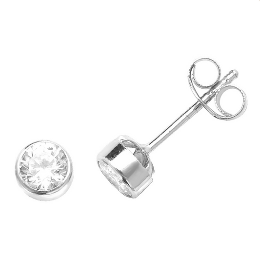 Bezel Set 9ct White Gold Round Cubic Zirconia Stud Earrings
