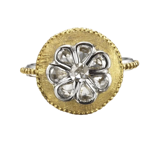 L'or Floral Shield Rose Cut Diamond Ring 24k Gold Platinum