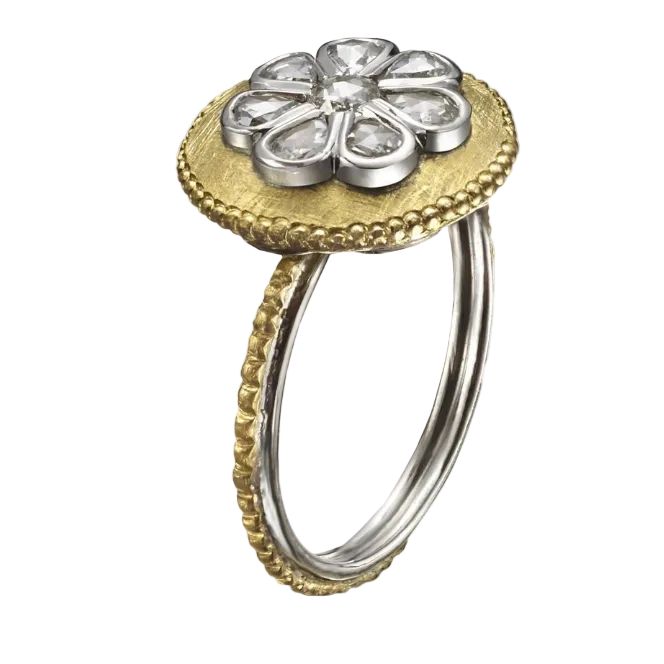 L'or Floral Shield Rose Cut Diamond Ring 24k Gold Platinum