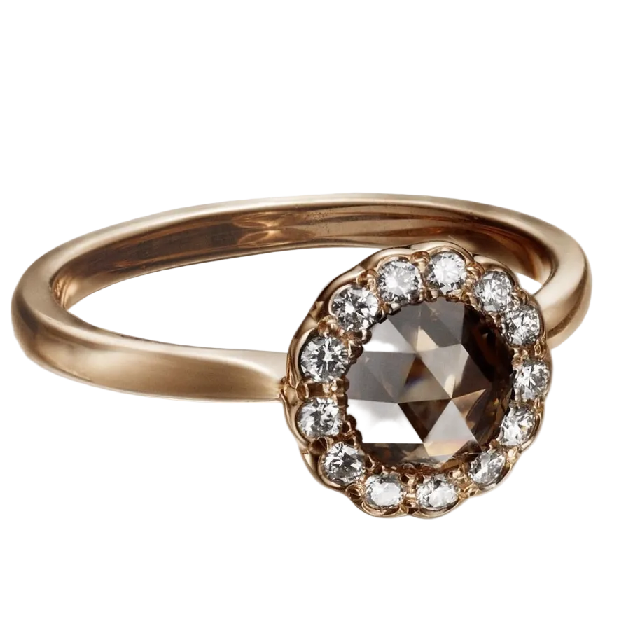 Zahr 0.95ct Rose Cut Brown Diamond Halo Ring 18k Rose Gold