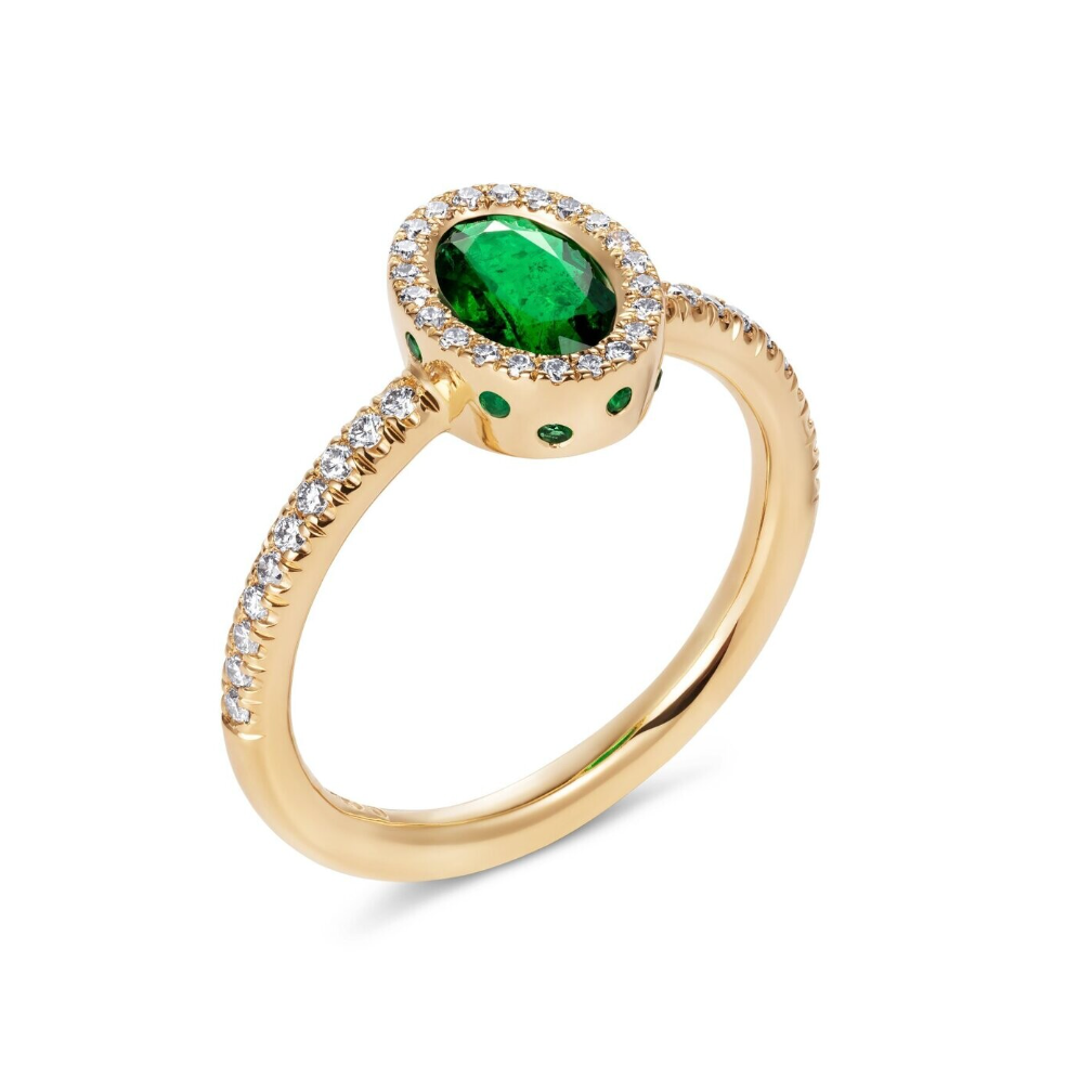 Emerald Diamond Halo Ring 18k Yellow Gold