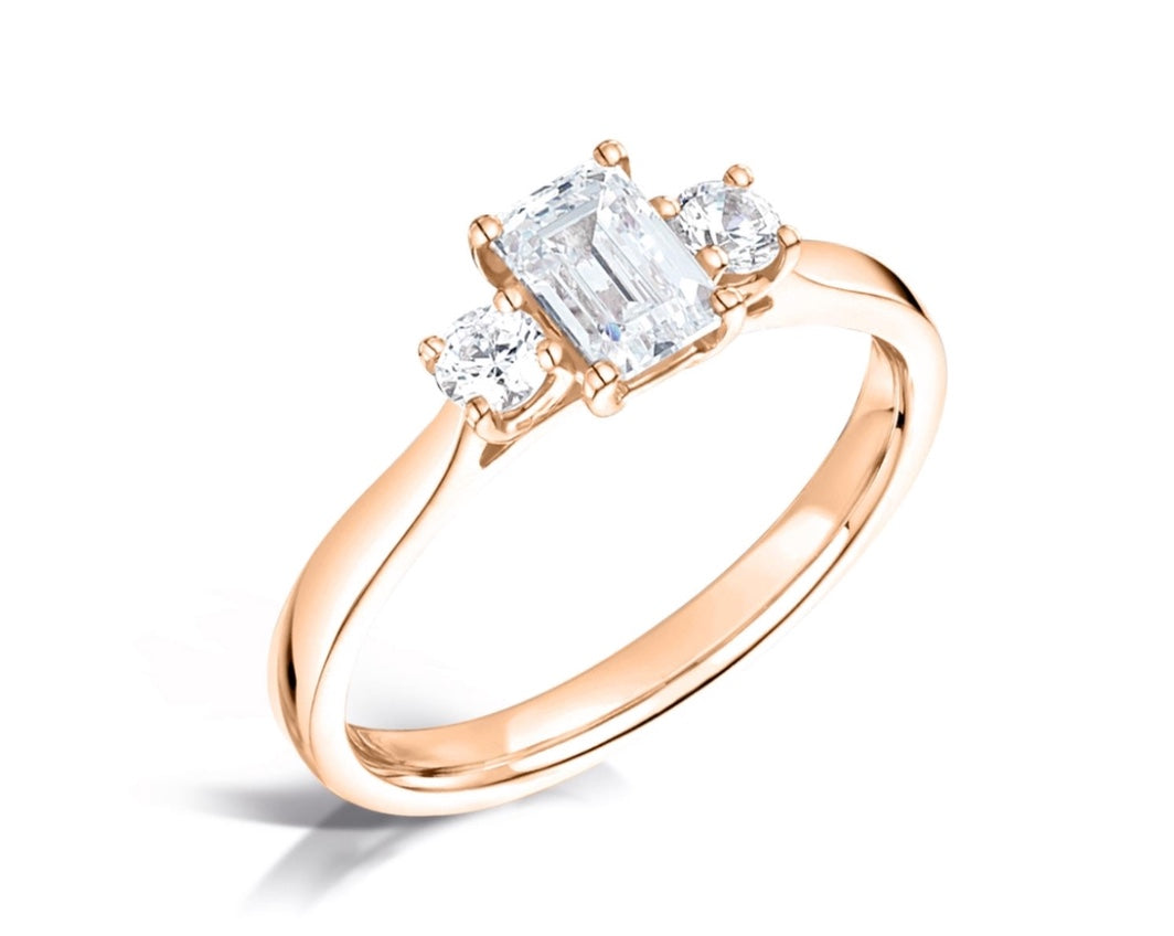 Emerald Cut And Round Brilliant Cut Diamond Trilogy Three Stone Engagement Ring - Sample only - Please enquire for prices