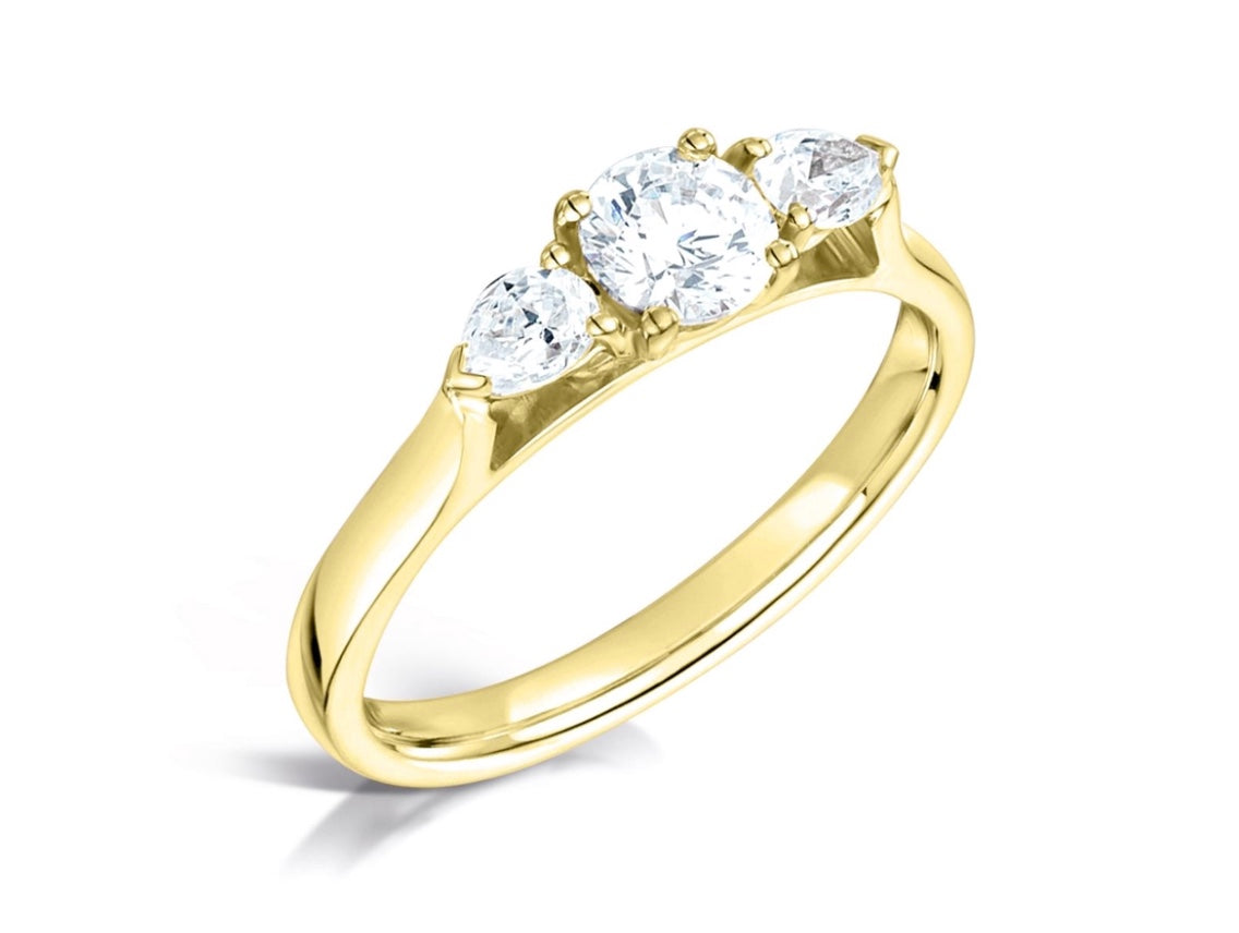 Round Brilliant Cut and Pear Cut Side Stones White Diamond Trilogy Three Stone Engagement Ring - Sample only - Please enquire for prices