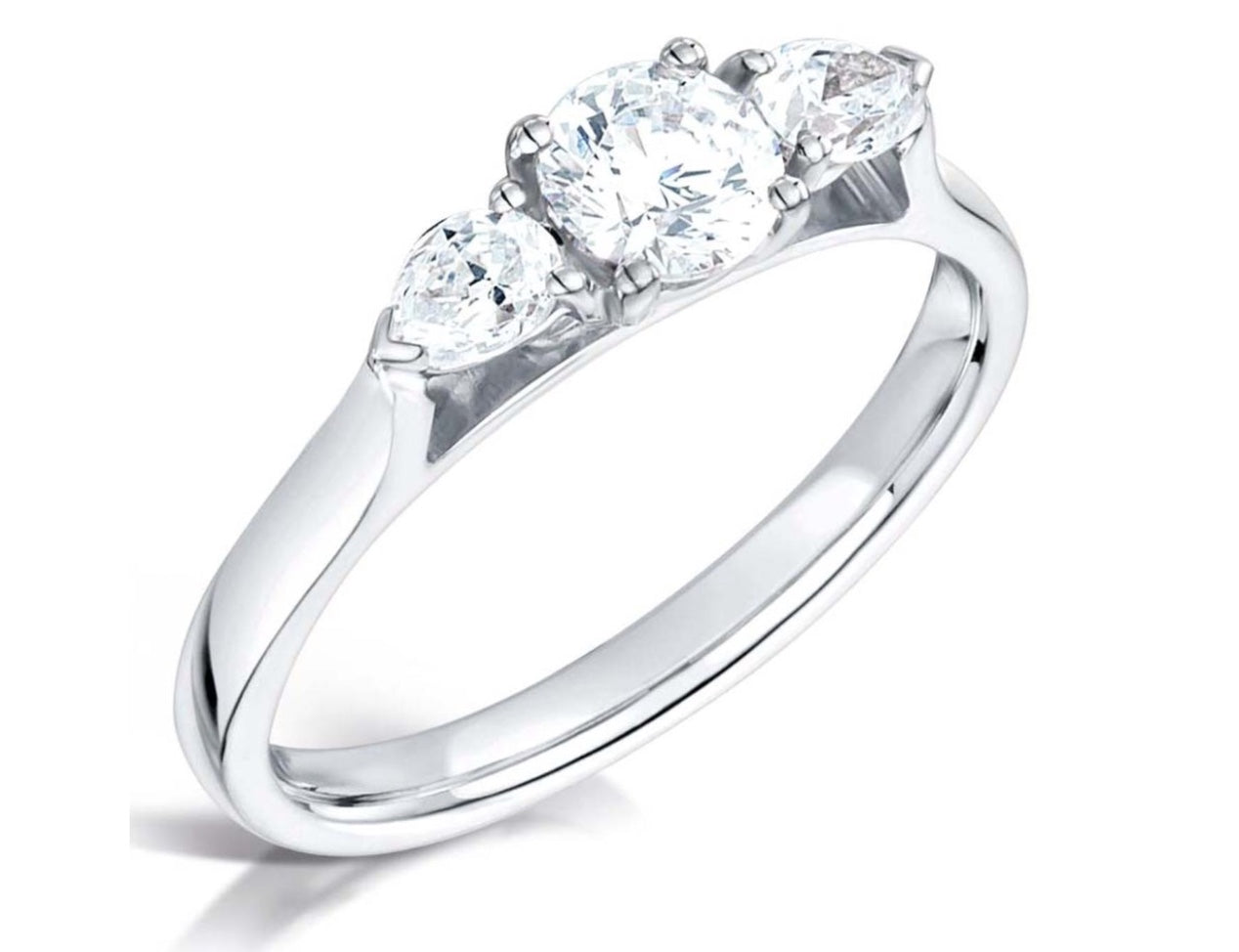 Round Brilliant Cut and Pear Cut Side Stones White Diamond Trilogy Three Stone Engagement Ring - Sample only - Please enquire for prices