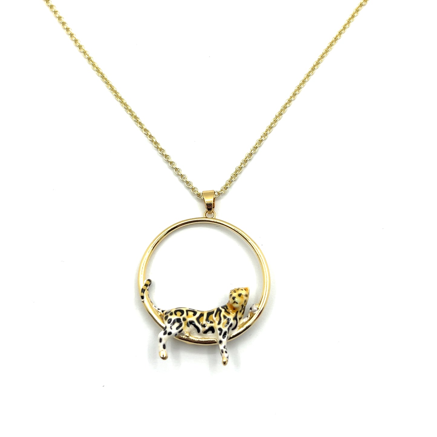 Gold Plated Clouded Leopard Hoop Pendant Necklace