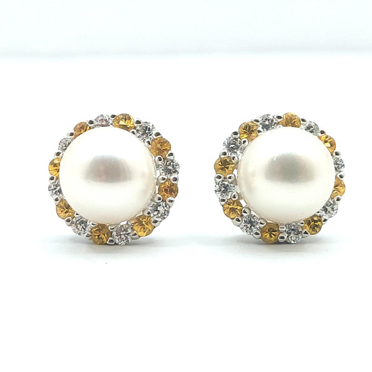 9ct White Gold  Diamond and Yellow Sapphire Pearl Earrings