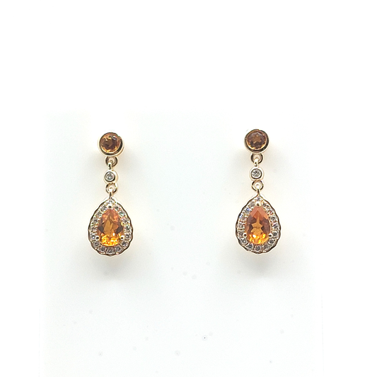 9ct Yellow Gold Diamond and Citrine Pear Cut Drop Earrings