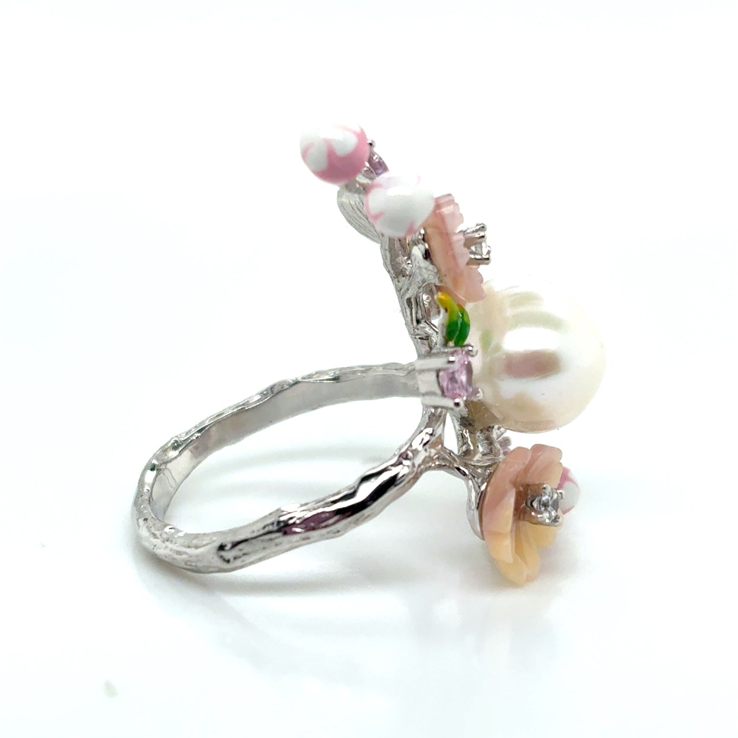 925 Silver Pearl and pink flower bouquet set (Ring, Necklace, Clip earrings)