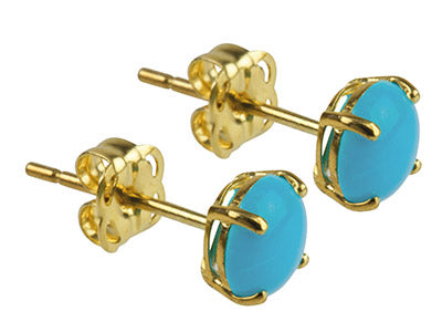 9ct Yellow Gold Birthstone Earrings - 5mm Round Stabilised Turquoise Cabochon - December