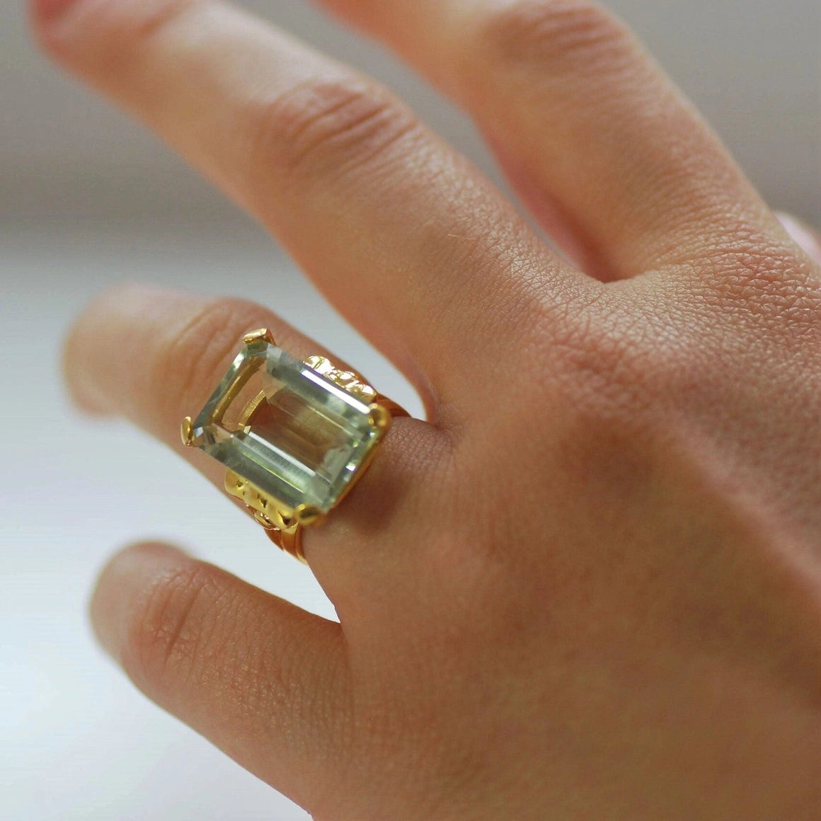 Green Amethyst Emerald Cut Cocktail Ring, in 925 18ct Vermeil