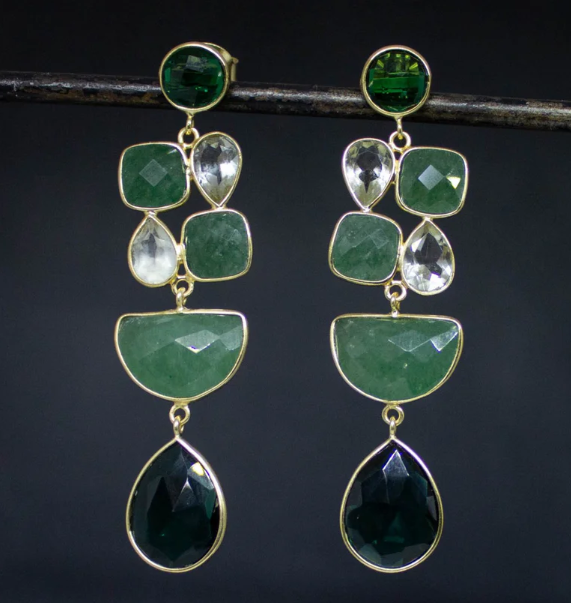 18ct Gold Vermeil Multi Shape Green Onyx, Green Amethyst and Aventurine Gemstones drop Earrings