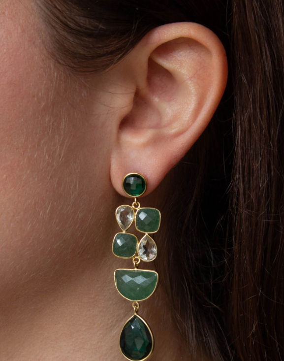 18ct Gold Vermeil Multi Shape Green Onyx, Green Amethyst and Aventurine Gemstones drop Earrings
