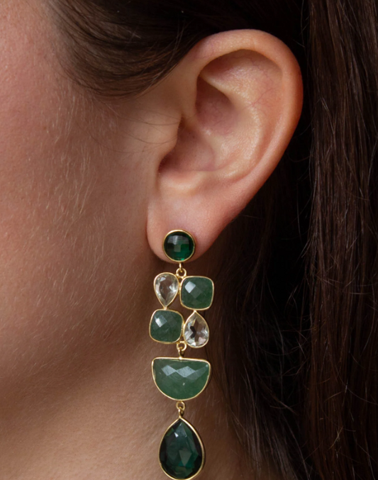 18ct Gold Vermeil Multi Shape Green Onyx, Green Amethyst and Aventurine Gemstones drop Earrings