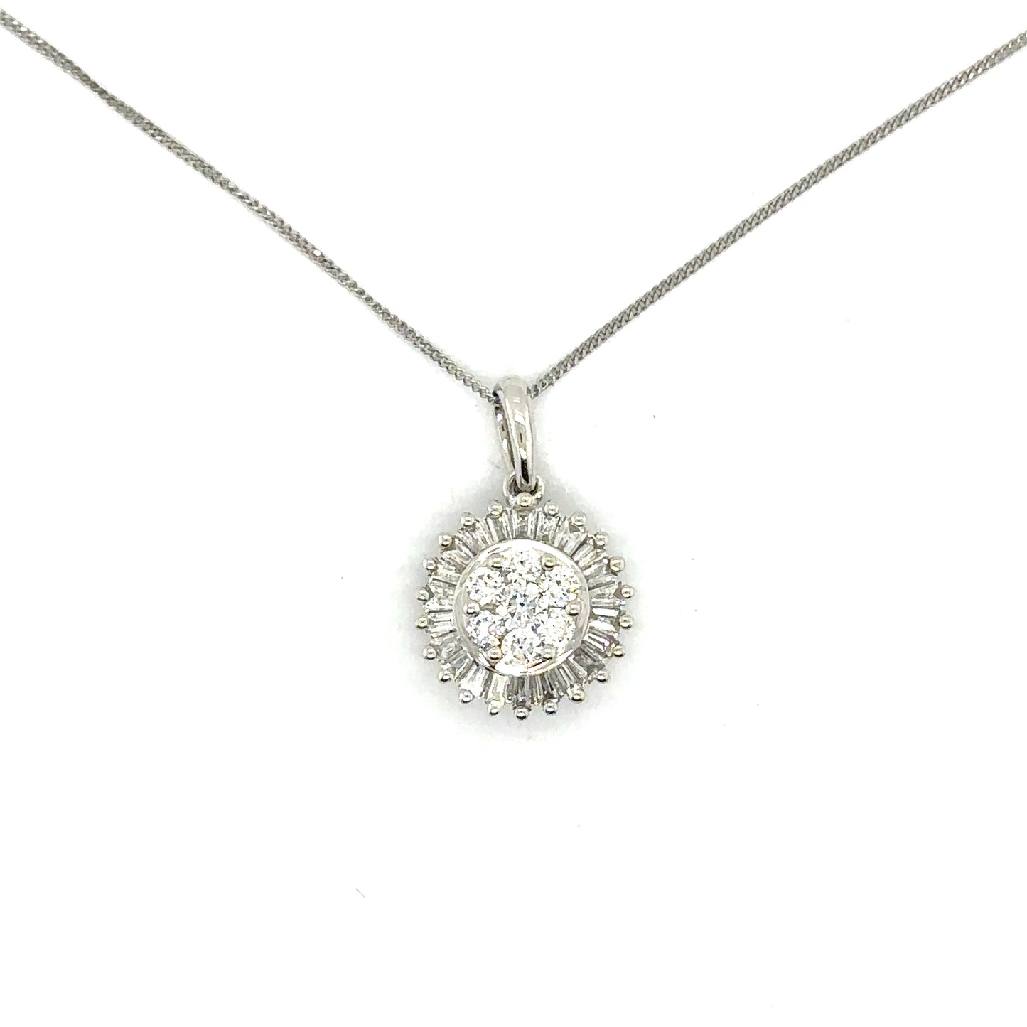 Round "Sun" Style Cluster Pendant With Baguette Cut and Round Cut Diamonds in 18ct White Gold