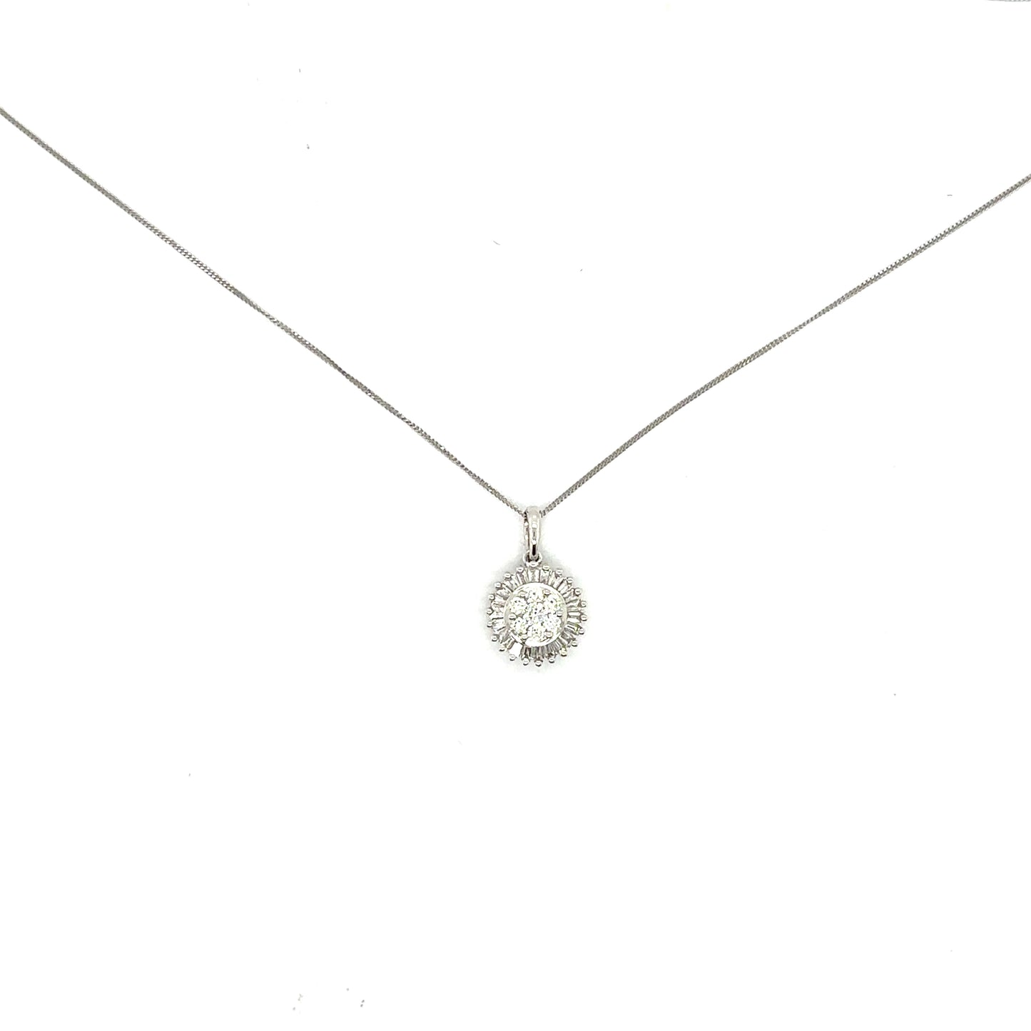 Round "Sun" Style Cluster Pendant With Baguette Cut and Round Cut Diamonds in 18ct White Gold