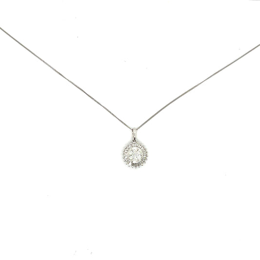 Round "Sun" Style Cluster Pendant With Baguette Cut and Round Cut Diamonds in 18ct White Gold