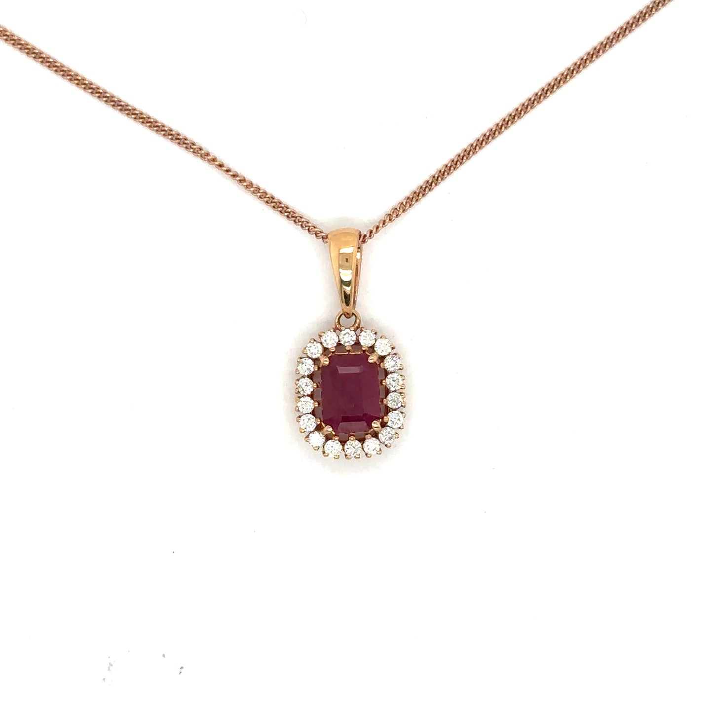 Emerald Cut Ruby and Diamond Halo Pendant in 18ct Rose Gold