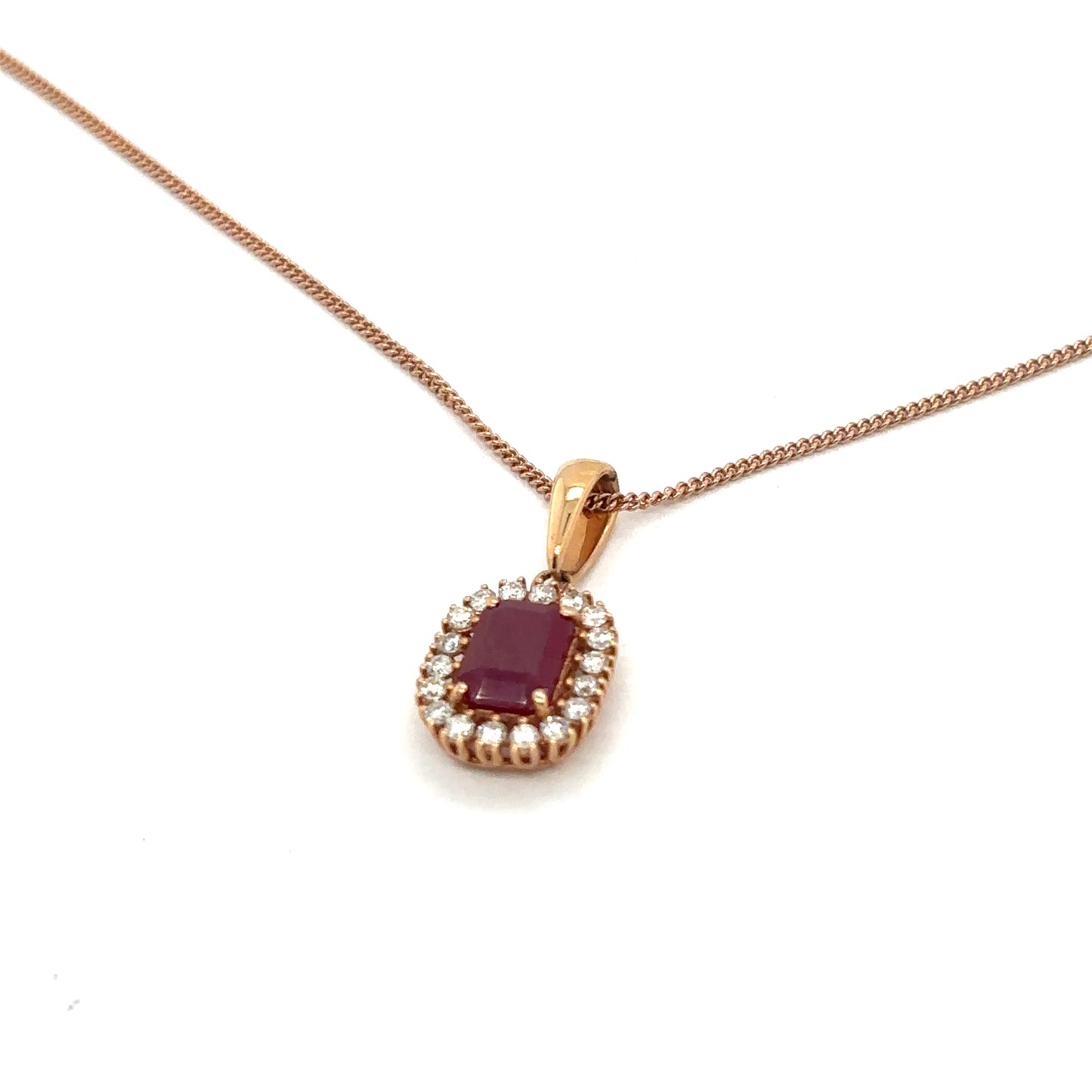 Emerald Cut Ruby and Diamond Halo Pendant in 18ct Rose Gold