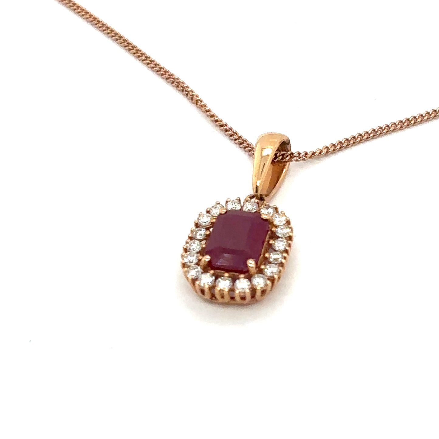 Emerald Cut Ruby and Diamond Halo Pendant in 18ct Rose Gold