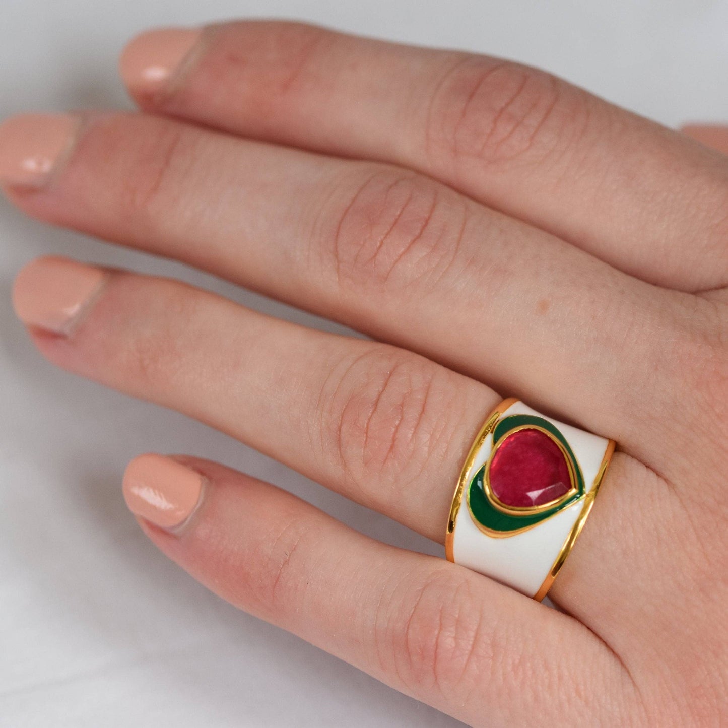 Love Heart Ring in White Enamel with Fuschia Chalcedony Gemstone