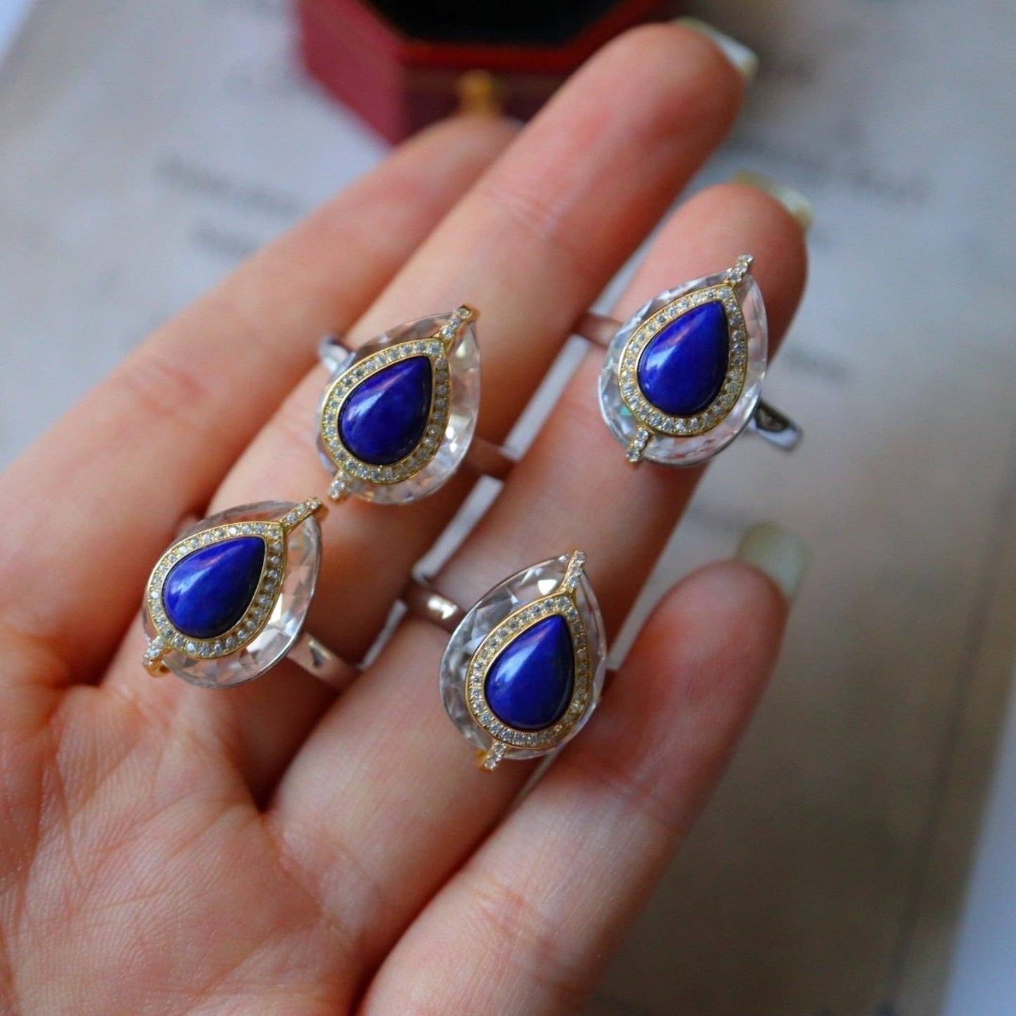Gold Vermeil Lapis Lazuli Pear Cut Clear Crystal Adjustable Ring