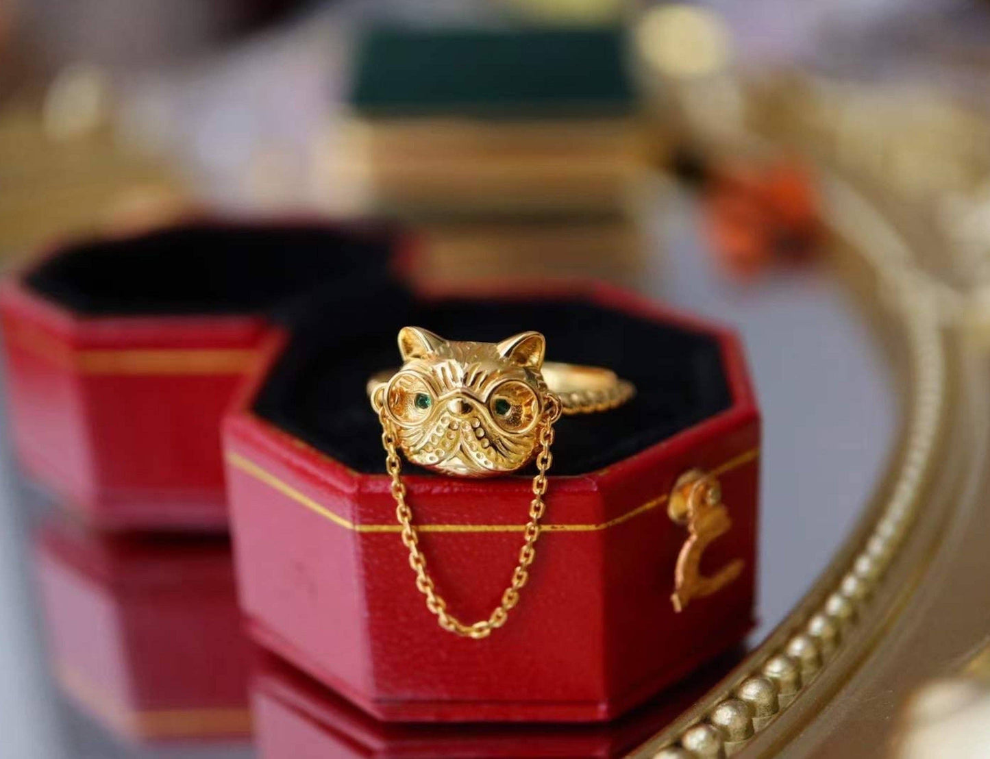 Silver 18ct Gold Plated Frenchie Cat Brooch with Sparkling Green Eyes