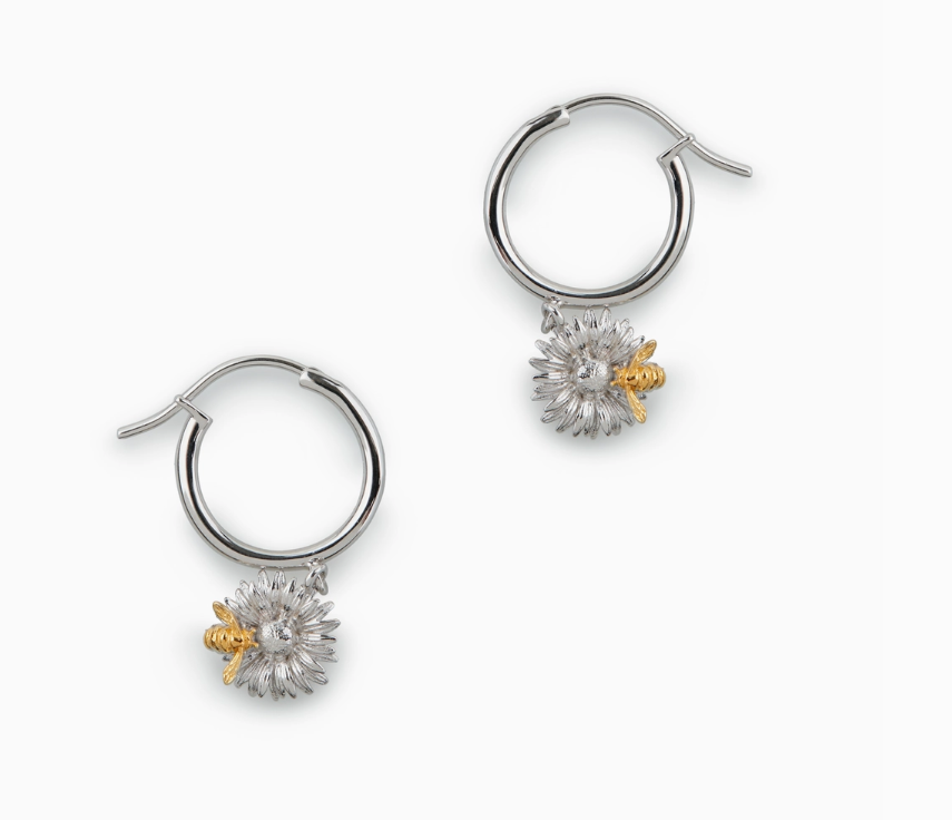 18ct Gold Vermeil Two Tone Daisy and Bumble Bee Drop Earrings