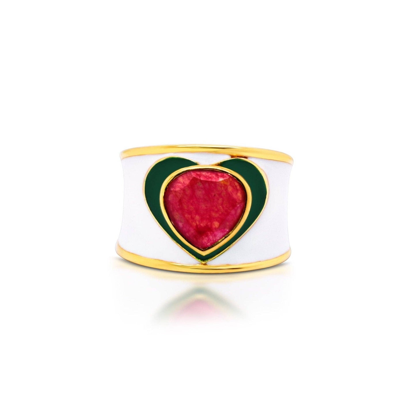 Love Heart Ring in White Enamel with Fuschia Chalcedony Gemstone