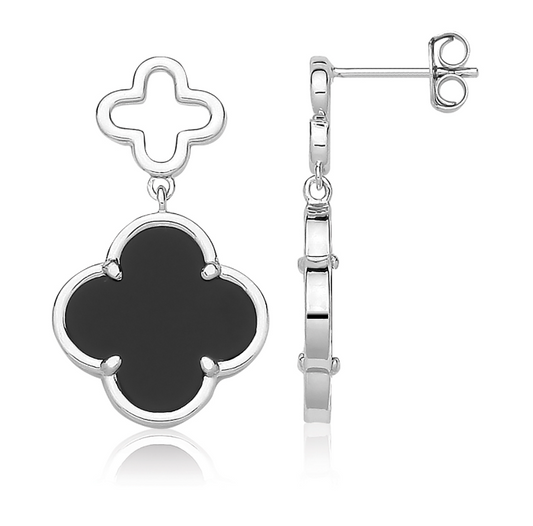 Silver Rhodium Plated Black Onyx Clover Drop Earrings