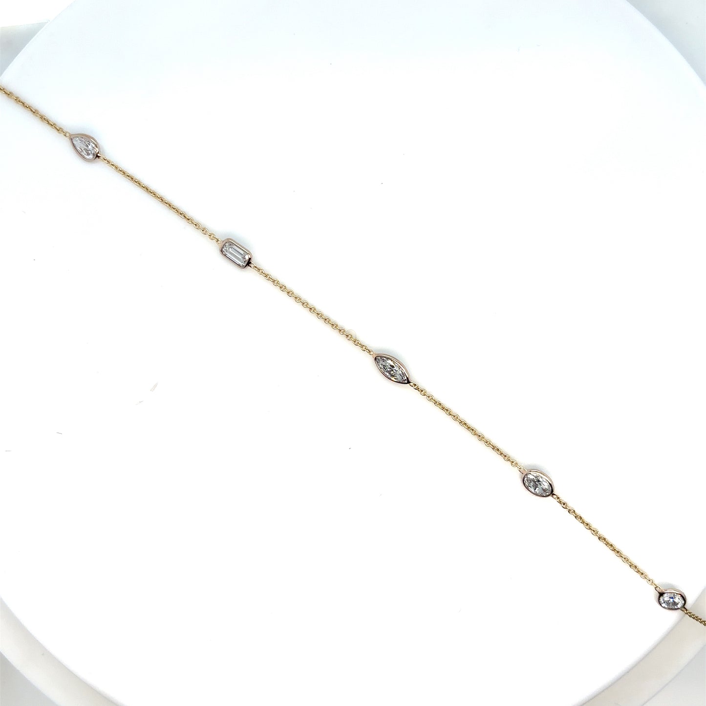 Round, Oval, Marquise, Pear and Emerald Cut Diamond 9ct White and Yellow Gold Bezel Spectacle Set Diamond by Yard Bracelet