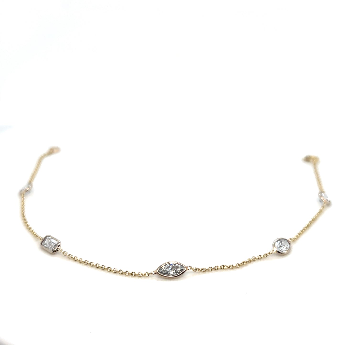 Round, Oval, Marquise, Pear and Emerald Cut Diamond 9ct White and Yellow Gold Bezel Spectacle Set Diamond by Yard Bracelet