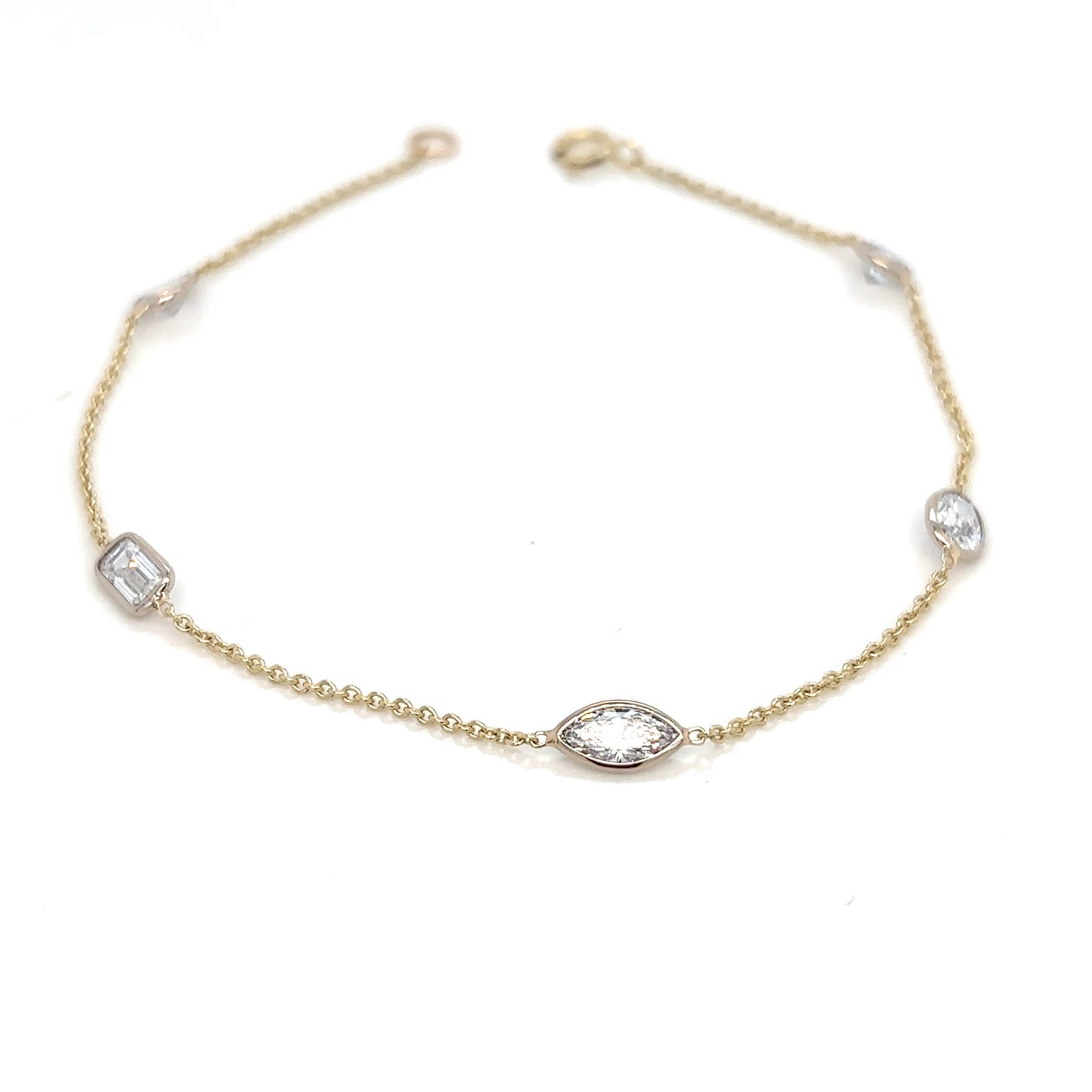 Round, Oval, Marquise, Pear and Emerald Cut Diamond 9ct White and Yellow Gold Bezel Spectacle Set Diamond by Yard Bracelet