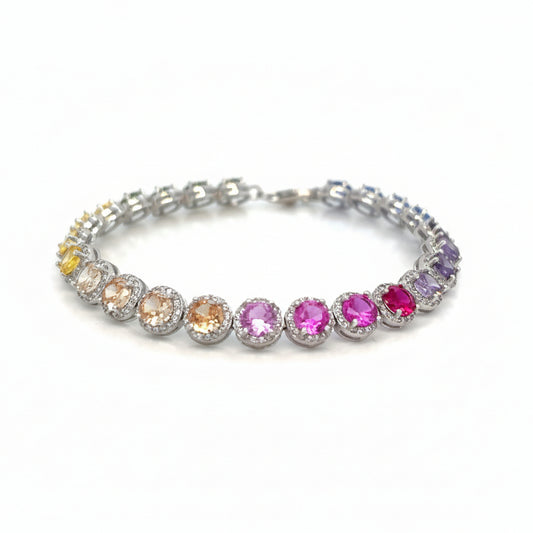 Sterling Silver Bracelet with Halo Multicoloured Rainbow Cubic Zirconia