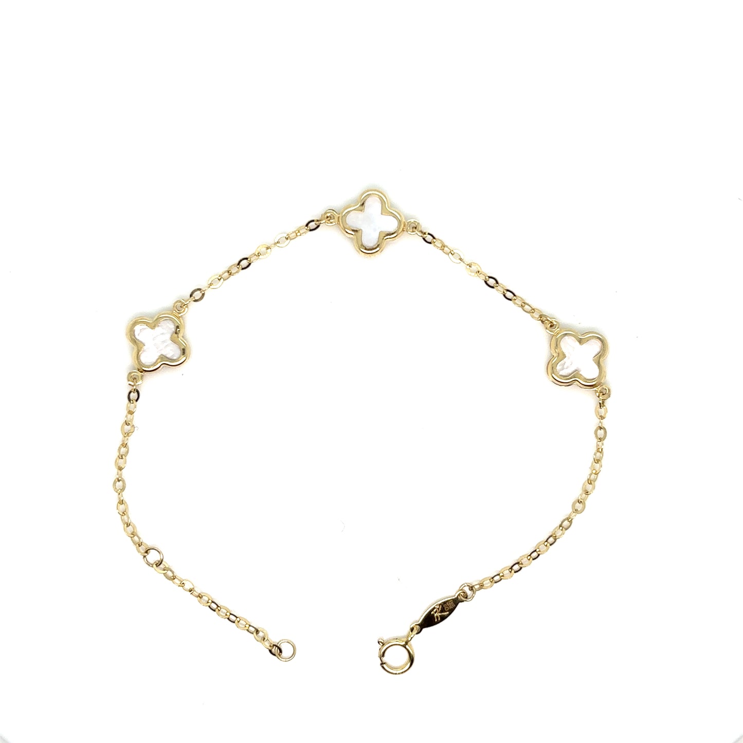 Three Clover Motif Mother Of Pearl and 9ct Yellow Gold Adjustable Length Bracelet