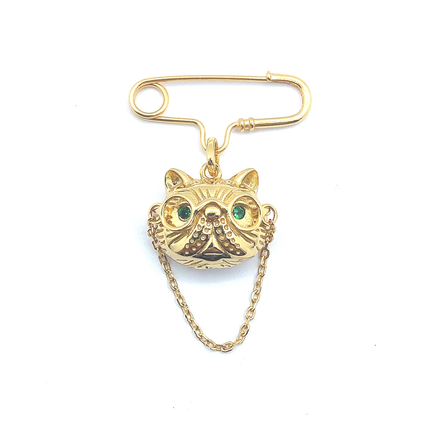 Silver 18ct Gold Plated Frenchie Cat Brooch with Sparkling Green Eyes