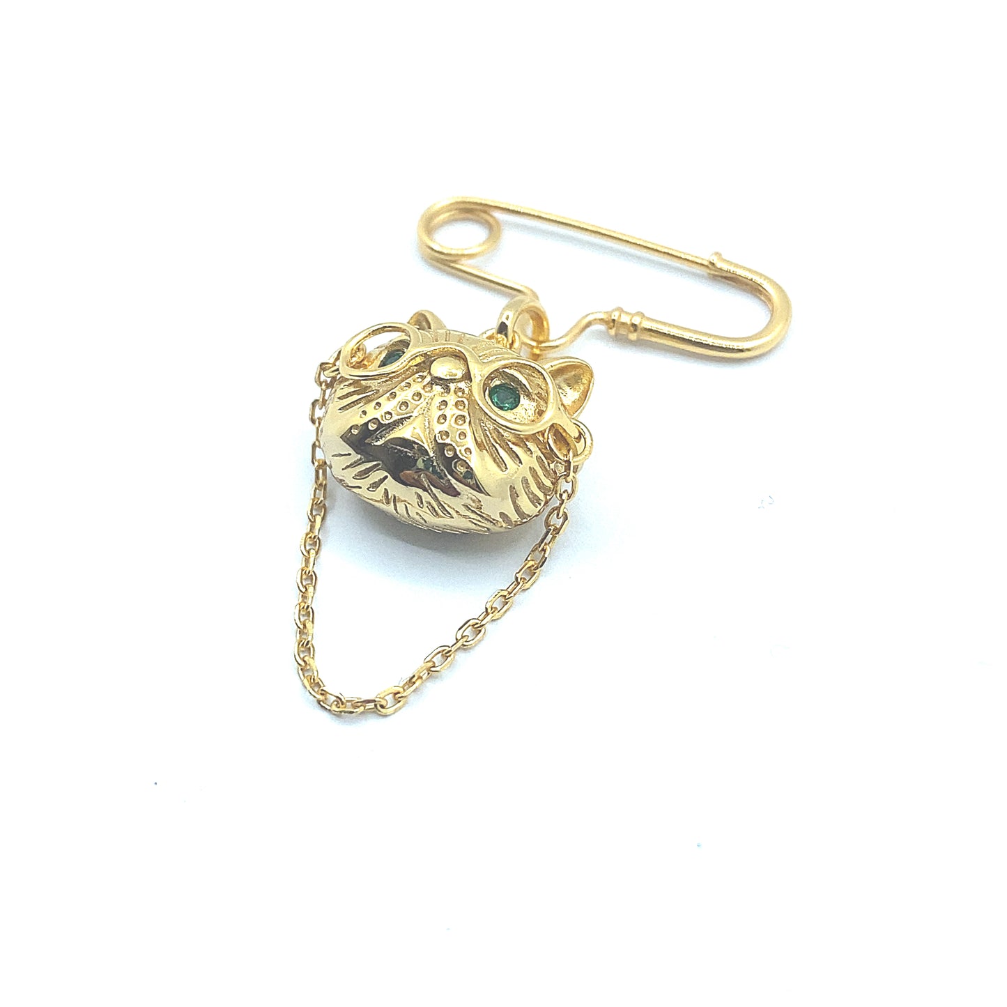 Silver 18ct Gold Plated Frenchie Cat Brooch with Sparkling Green Eyes