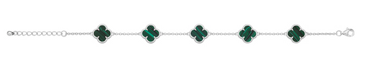 925 Silver Rhodium plated Malachite Five Clover Leaf Braclet